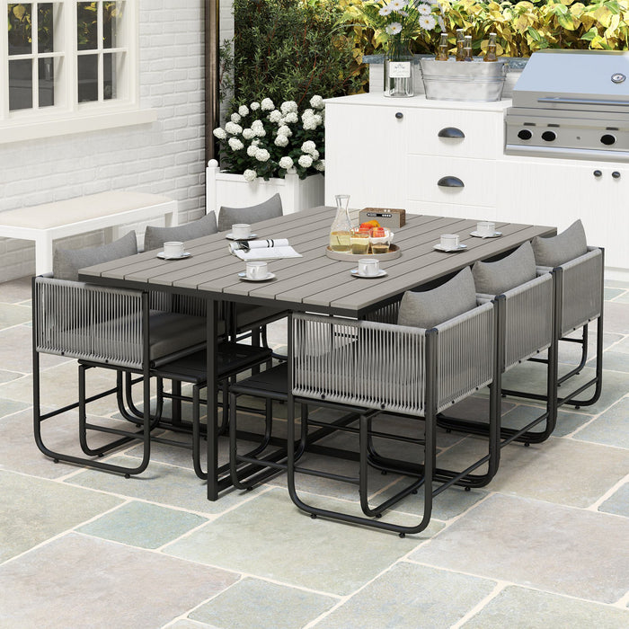 10 Seater Rattan Cube Garden Furniture Set, Rattan Dining Set with Cushions, Outdoor Dining Table and Chairs with 6 Armchairs, 4 Stools, Rectangular Wood Grain Plastic Top Table