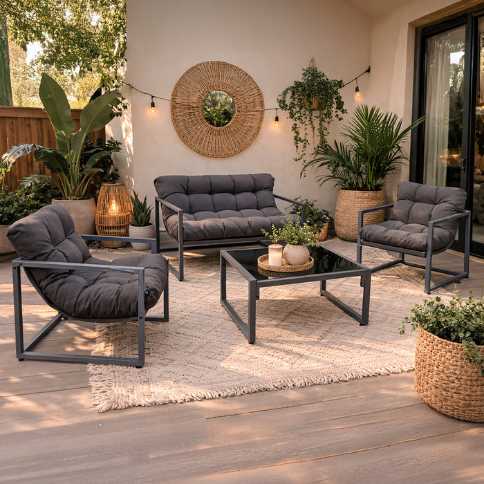 Neo 4pcs Outdoor Patio Garden Furniture Set Cushions Metal Sofa Loveseat 2 Chairs Glass Coffee Table Balcony Backyard Conservatory
