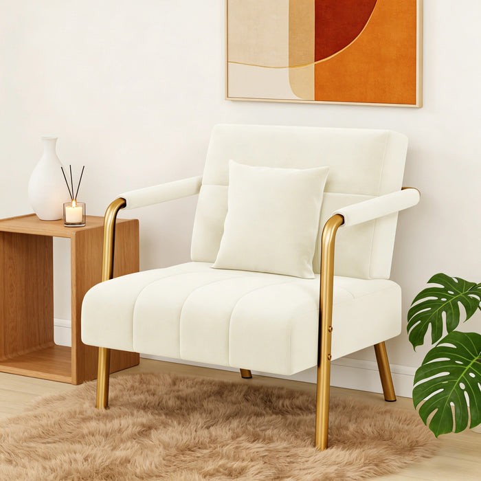Costoffs Accent Chair 75.5cm Wide Velvet Upholstered Accent Bedroom Chair with Gold Metal Frame & Cosy Pillow, Modern Design, Ideal 1-Seater Leisure Armchair for Living Room, Bedroom, Office, Studio, Light Grey/Pink/Beige