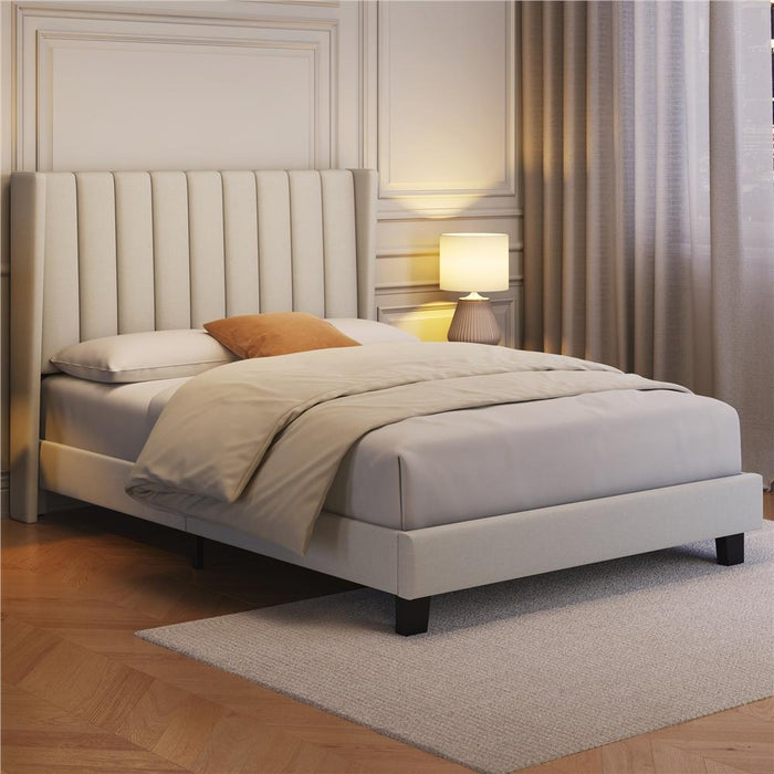 Costoffs Upholstered Bed Frame, Double/King Size Bed Frame, Platform Bed Frame with Channel Tufted Headboard, Upholstered Bed Frame with Wing Side, Mattress Foundation with Wooden Slat Support, Sturdy Wooden Slat Support, No Box Spring Needed, Beige/Dark