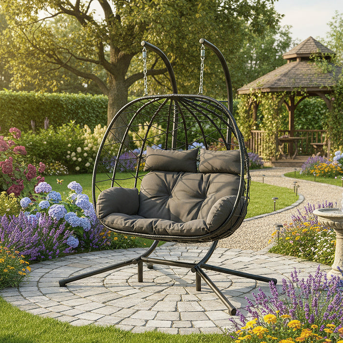 Foldable Hanging Basket, 2-person Egg Chair (2 adults of relatively small build), PE Rattan Chair, Including Cushion, 115x130x68cm.