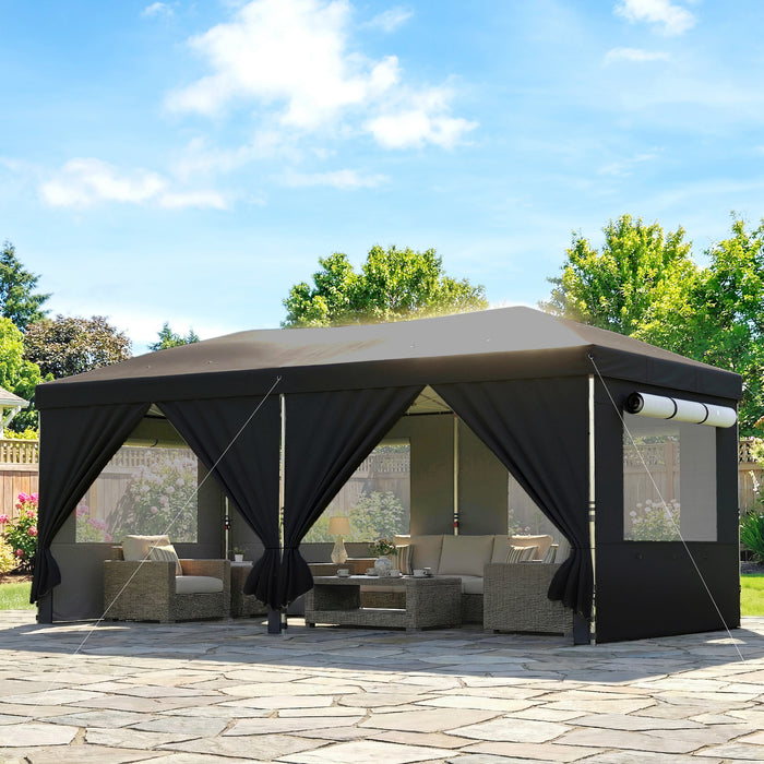3 x 6 m Pop Up Gazebo with 6 Sidewalls, UPF50+ Outdoor Wedding Party Tent Marquee, Adjustable Height Event Shelter with Wheeled Bag, Sandbags & Stakes, Black