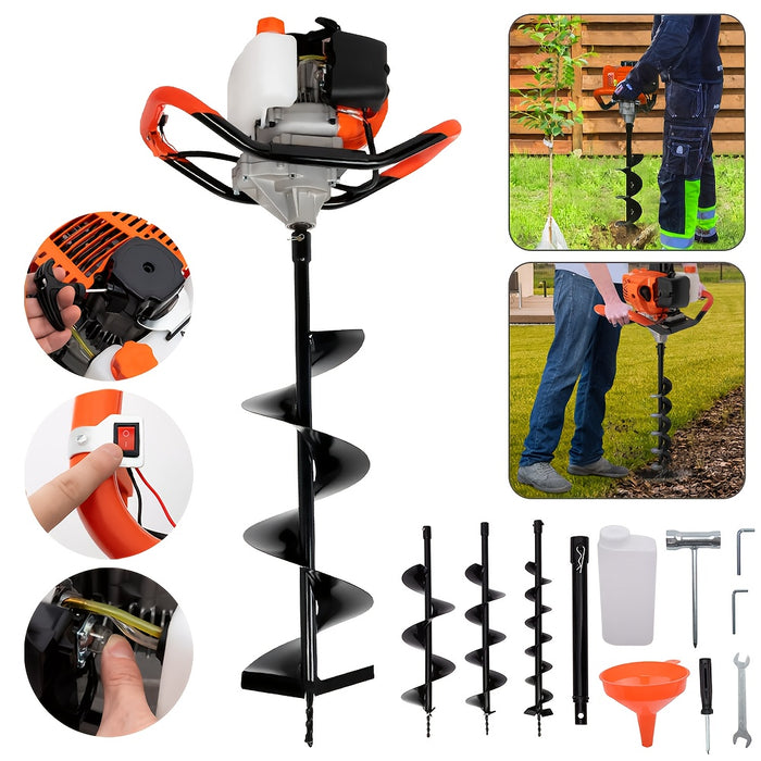 Petrol Auger Post Hole Digger - Fence Post Digger Tool for Tree Planting, Poles And Shrubs | Earth Auger Hole Borer with 3 Drill Attachments 100mm, 150mm, 200mm And Extension Pole |Gardener's Gift