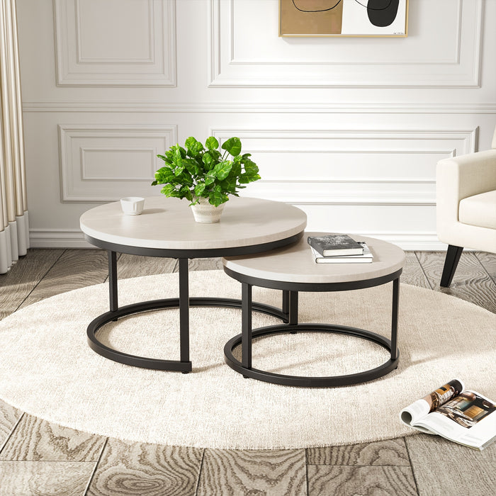 Round Coffee Table Nesting Table Set of 2, Side Table for Living Room, Multi-Functional Side Table, Metal Frame with Wood Sofa Table, Stacking Side Table for Bedroom, Balcony