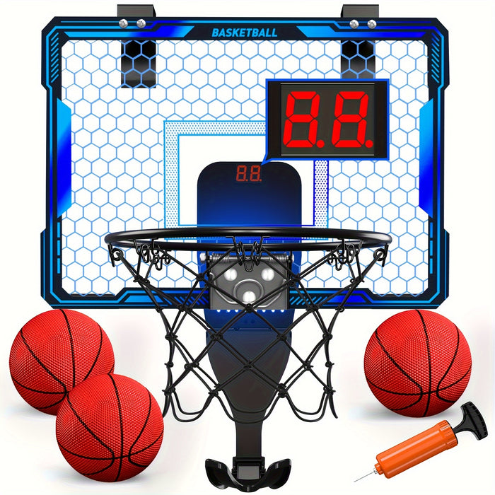 Basketball Hoop Indoor, Mini Basketball Hoop with 7 LED Lighting, Scoreboard, Over Door Basketball Hoop with 3 Modes, Volume Adjustable, Foldable, Basketball Toys for Kid Gifts (Blue)