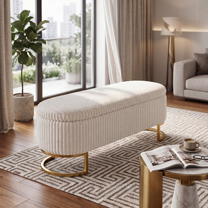 Upholstered Storage Bench with Flip Lid, Corduroy Fabric Padded Ottoman Footrest, Oval-shaped Bedroom End of Bed Bench Stool Footstool, Light Luxury Golden Metal Legs, Perfect for Bedroom, Hallway, Living Room (1pc )
