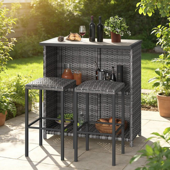 3PCS Outdoor Rattan Bar Set, Patio Bistro Set with Storage Shelves, Metal Frame Dining Table and Bar Stools, Bistro Furniture with Wooden Desktop for Garden Deck Pool