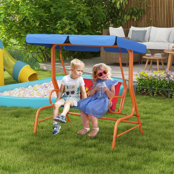 2 Seat Kids Swing Chair with Adjustable Canopy, Cowboy Themed Double Kids Garden Swing Bench with Safety Belts for Patio Park Porch, for Ages 3-6 Years - Red and Blue