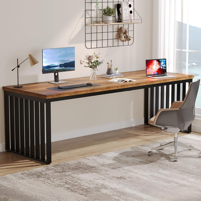180 cm Office Desk, Desk with Heavy Duty Metal Frame, Workstation Study Desk for Home Office, Brown (Without Chair) (Brown & Black)