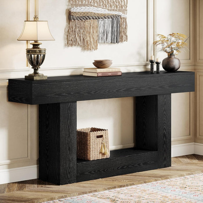 63" Console Table, Farmhouse 2-Tier Entryway Table with U-Shaped Base, Narrow Long Wood Sofa Table Behind Couch Table for Living Room, Hallway, Foyer, Black