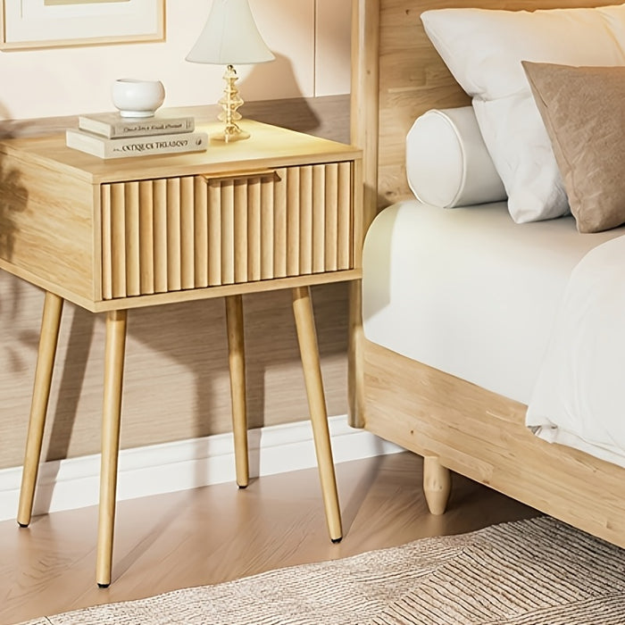 1-Drawer Bedroom Nightstand with Tall Legs, Slatted Particleboard & MDF Bedside Table with Melamine & Vacuum-Formed Finish, 2 Sizes 48×38×60cm/40×30×55cm, 1/2 -Pcs Options, Oak/Walnut Wood Grain for Bedroom