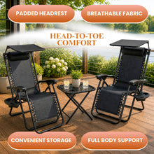 Garden Mile 3pcs Zero Gravity Sun Lounger Set with Table - 2 Folding Reclining Chairs with Canopy Shade, Cup Holder & Phone Tray, Adjustable Headrest, Portable Garden, Patio, Beach Chairs - Black