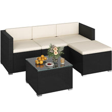 Costoffs Garden Furniture Set, 5pcs Rattan Patio Furniture Set, PE Rattan 3 Sectional Sofas & 1 Stool& 1 Coffee Table Set, Tempered Glass Side Table, All Weather Garden Lounge Set with Cushions, Black/Gray, Black/Beige