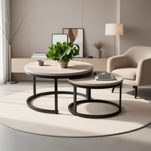 Round Coffee Table Nesting Table Set of 2, Side Table for Living Room, Multi-Functional Side Table, Metal Frame with Wood Sofa Table, Stacking Side Table for Bedroom, Balcony