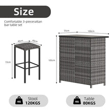 3PCS Outdoor Rattan Bar Set, Patio Bistro Set with Storage Shelves, Metal Frame Dining Table and Bar Stools, Bistro Furniture with Wooden Desktop for Garden Deck Pool