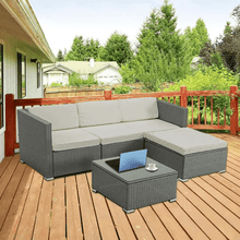 mcc direct 5pcs Large Rattan Garden Outdoor Furniture Patio Sofa Set with Glass Coffee Table Outdoor Cushions for Garden or Conservatory Rupert