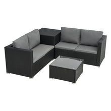 4-seater Garden Furniture Set (with Cushions), L-shaped Rattan Corner Sofa Set (with Storage Box and Glass Coffee Table), Metal-framed Outdoor Furniture Set, Suitable for Patios and Conservatories (black Rattan with Dark Grey Cushions)