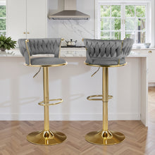 2pcs Modern Swivel Woven Velvet Bar Stools, Stool, 360° Swivel Adjustable Height Bar Stool with Backrests Golden Metal Tall Bar Stools Counter Height for Kitchen Island, for Christmas, Festival, New Year'S Gift