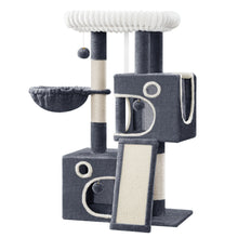 98cm Cat Tree, Cat Tower for Indoor Cats, Multi-Level Cats House Furniture with Scratching Post, 2 Caves, Large Platform, Scratching Ramp, Pompom, Light Grey