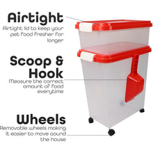 3pcs Airtight Pet Food Storage Container Set on Wheels, Dual-Compartment Dry Dog & Cat Food Dispenser with Rolling Casters and Measuring Scoop