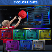 Basketball Hoop Indoor, Mini Basketball Hoop with 7 LED Lighting, Scoreboard, Over Door Basketball Hoop with 3 Modes, Volume Adjustable, Foldable, Basketball Toys for Kid Gifts (Blue)