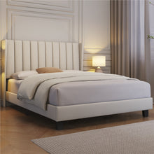 Costoffs Upholstered Bed Frame, Double/King Size Bed Frame, Platform Bed Frame with Channel Tufted Headboard, Upholstered Bed Frame with Wing Side, Mattress Foundation with Wooden Slat Support, Sturdy Wooden Slat Support, No Box Spring Needed, Beige/Dark