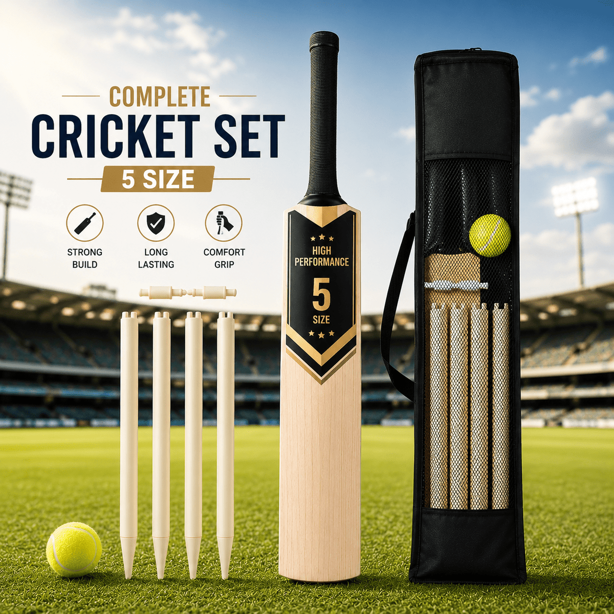 Cricket Set Size 5 Complete Outdoor Game Kit, Lightweight Bat Ball and Stumps Set for Garden, Beach and Training Practice Sports Equipment