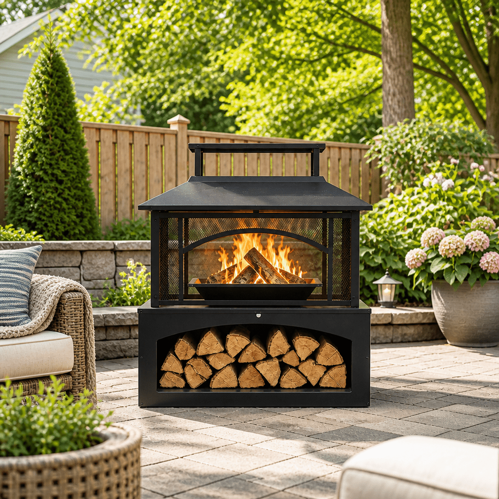 Nordivale 2 in 1 Outdoor Fireplace Fire Pit Table with Hidden Log Storage & Patio Heater, Heavy-Duty Thickened Steel Construction, Large Wood Burning Fire Pit with Log Holder for Backyard, Porch & Garden