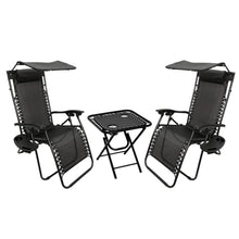 Garden Mile 3pcs Zero Gravity Sun Lounger Set with Table - 2 Folding Reclining Chairs with Canopy Shade, Cup Holder & Phone Tray, Adjustable Headrest, Portable Garden, Patio, Beach Chairs - Black