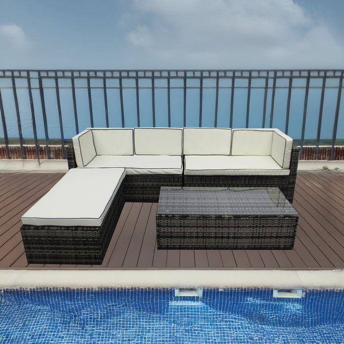Grey Rattan Garden Corner Sofa Set with Glass Coffee Table for Patio Outdoor Lounge All-weather Furniture Backyard
