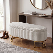 Upholstered Storage Bench with Flip Lid, Corduroy Fabric Padded Ottoman Footrest, Oval-shaped Bedroom End of Bed Bench Stool Footstool, Light Luxury Golden Metal Legs, Perfect for Bedroom, Hallway, Living Room (1pc )
