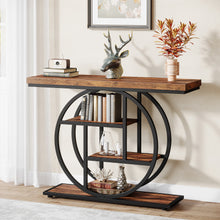 41.3" Console Table, Industrial 4-Tier Sofa Table Entryway Table with Circle Base, Narrow Wood Accent Tables with Storage Shelves for Living Room, Hallway, Foyer, Rustic Brown