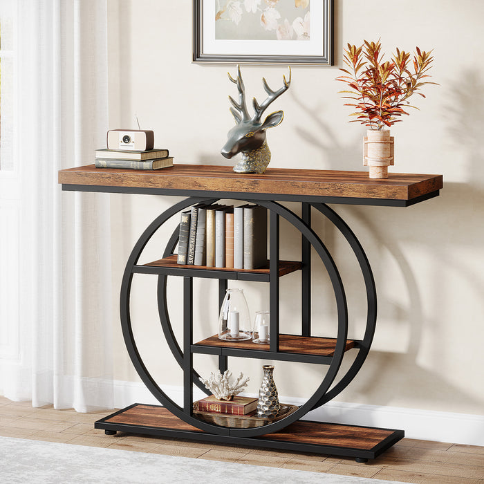 41.3" Console Table, Industrial 4-Tier Sofa Table Entryway Table with Circle Base, Narrow Wood Accent Tables with Storage Shelves for Living Room, Hallway, Foyer, Rustic Brown