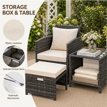 2 Seater Rattan Garden Sofa Set with 2 Armchairs, 2 Ottomans & Storage Coffee Table, Outdoor Patio Conversation Furniture, PE Wicker Chairs for Balcony