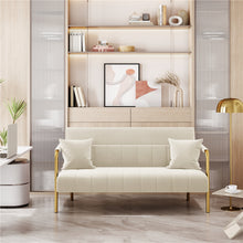 Costoffs Sofa Couch Modern Velvet Sofa Couch, 143cm Small Loveseat with Gold-tone Metal Arms & Legs, Upholstered Design, Includes 2 Pillows, Ideal for Bedroom, Home Office, Studio, Small Spaces, Light Grey/Green/Beige/Black/Pink