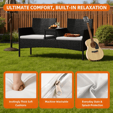 Nordivale 2-Seater Rattan Bistro Set with Built-in Glass Table, Outdoor Garden Love Seat with Cushions & Rain Cover – Black PE Wicker, Beige / Dark Grey / Navy / Light Grey