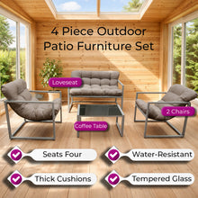 Neo 4pcs Outdoor Patio Garden Furniture Set Cushions Metal Sofa Loveseat 2 Chairs Glass Coffee Table Balcony Backyard Conservatory