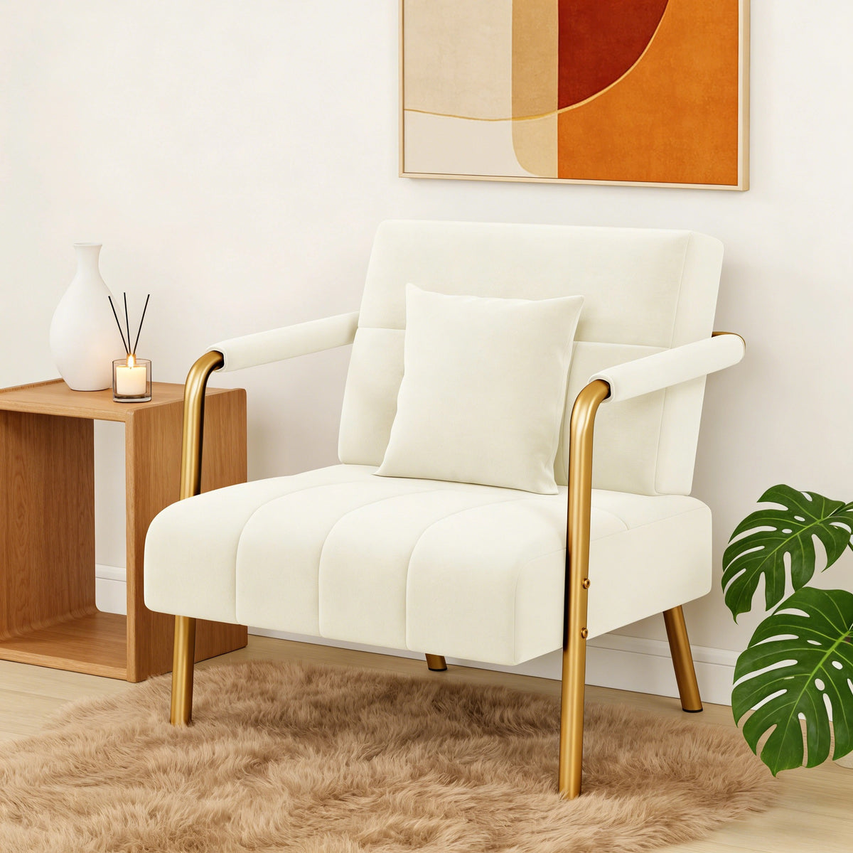 Costoffs Accent Chair 75.5cm Wide Velvet Upholstered Accent Bedroom Chair with Gold Metal Frame & Cosy Pillow, Modern Design, Ideal 1-Seater Leisure Armchair for Living Room, Bedroom, Office, Studio, Light Grey/Pink/Beige