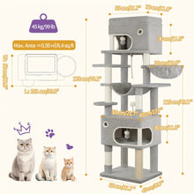 Scratching Post, 178cm Cat Tree with Large Platform, 2 Caves, 7 Scratching Posts, Pompoms, Loungers, Hammock, Suitable for All Cat Breeds, Light Grey