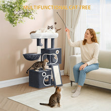 98cm Cat Tree, Cat Tower for Indoor Cats, Multi-Level Cats House Furniture with Scratching Post, 2 Caves, Large Platform, Scratching Ramp, Pompom, Light Grey