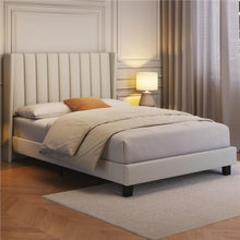 Costoffs Upholstered Bed Frame, Double/King Size Bed Frame, Platform Bed Frame with Channel Tufted Headboard, Upholstered Bed Frame with Wing Side, Mattress Foundation with Wooden Slat Support, Sturdy Wooden Slat Support, No Box Spring Needed, Beige/Dark