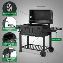 Large Heavy-Duty Cast Iron Outdoor BBQ Grill & Smoker - Commercial-Grade Portable Charcoal Grill with Dual Doors, Foldable Tabletop & Side Tables, Heavy-Duty & Wheels for Backyard, Patio, Camping - No Assembly Required (