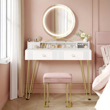 Dressing Table Set with LED Lights Mirror, Adjustable Brightness, Vanity Desk with Pink Stool, Makeup Vanity Table with 2 Drawers, 2 Open Storage Areas, 2 Compartments, White Golden, Bedroom Furniture, Beauty Station, Modern Vanity, Stylish Dressing