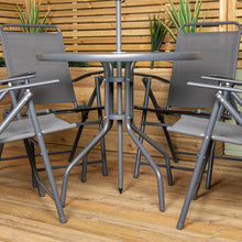 Samuel Alexander Outdoor 4 Seater Round Glass Top Table and Chairs Patio Set with Parasol in Grey