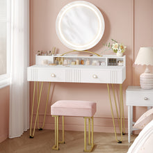 Dressing Table Set with LED Lights Mirror, Adjustable Brightness, Vanity Desk with Pink Stool, Makeup Vanity Table with 2 Drawers, 2 Open Storage Areas, 2 Compartments, White Golden, Bedroom Furniture, Beauty Station, Modern Vanity, Stylish Dressing