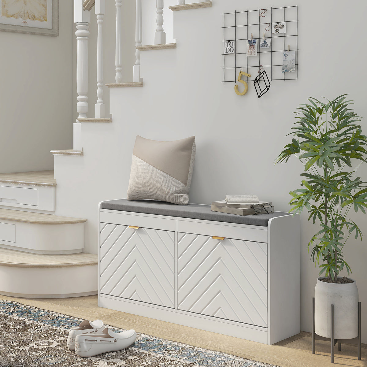 Shoe Storage Bench, Narrow Shoe Bench with 2 Flip Drawers, Seating Cushion and 2 Vents for 8 Pairs of Shoes for Entryway, Hallway, White
