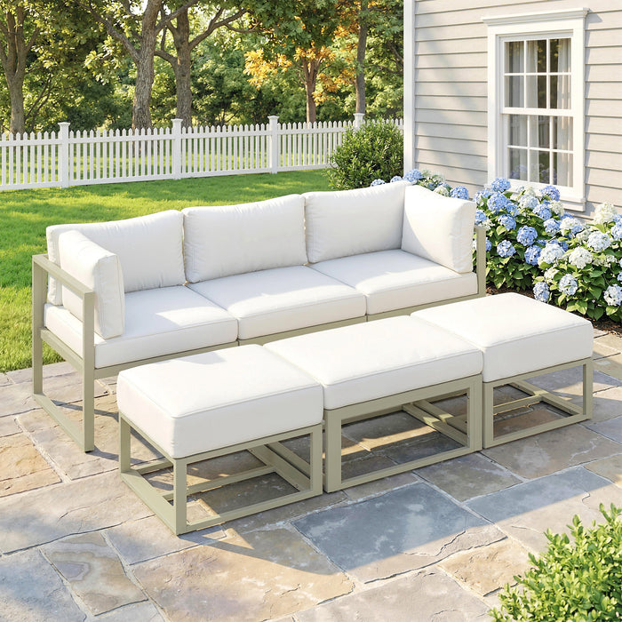Garden Daybed, 6pcs Outdoor Sectional Sofa Set, Aluminium Patio Conversation Furniture Set with Coffee Table, Footstool and Cushions, Cream White