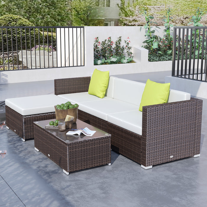 5pcs PE Garden Furniture Set with Cushions, Outdoor Corner Sofa, Patio Sectional Conversation Furniture Sets with Glass Top Coffee Table