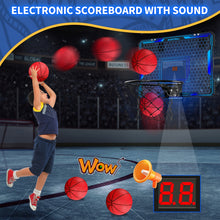 Basketball Hoop Indoor, Mini Basketball Hoop with 7 LED Lighting, Scoreboard, Over Door Basketball Hoop with 3 Modes, Volume Adjustable, Foldable, Basketball Toys for Kid Gifts (Blue)