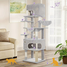 Scratching Post, 178cm Cat Tree with Large Platform, 2 Caves, 7 Scratching Posts, Pompoms, Loungers, Hammock, Suitable for All Cat Breeds, Light Grey